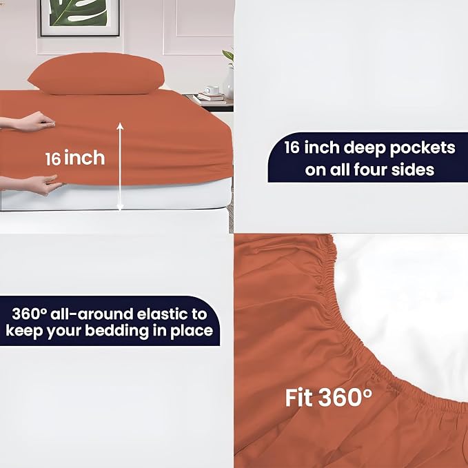 SGI bedding 100% Egyptian Cotton Sheets RV King Size – 600 Thread Count Sheets Set, Soft, Cooling, 15" Deep Pocket, Luxury Hotel Bedding, Breathable, Durable - Terracotta