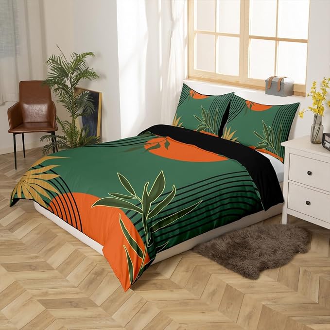 Erosebridal Abstract Modern Sun Duvet Cover Toddler for Kids Boys Girls,Geometric Leaves Comforter Cover,Minimalist Aesthetic Bedding Set,Mid Century Green Orange Bed Set 2 Pcs Bedroom Decor