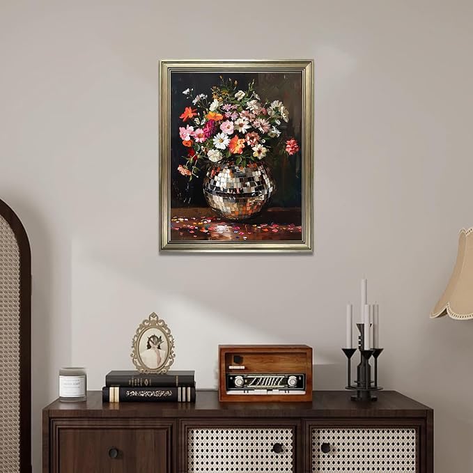 Disco Ball Wall Decor, Vintage Framed Colorful Moody Florals Wall Art, Maximalist Funky Flowers Bouquet Print Poster, Retro Eclectic Wall Art Painting
