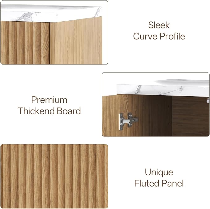 31” Sideboard Cabinet with Storage, Fluted Accent Cabinet with Adjustable Shelves, Modern Wood Credenza Cabinets with Pop-up Doors for Entryway Kitchen Living Room Hallway, Faux Marble Top 2pcs