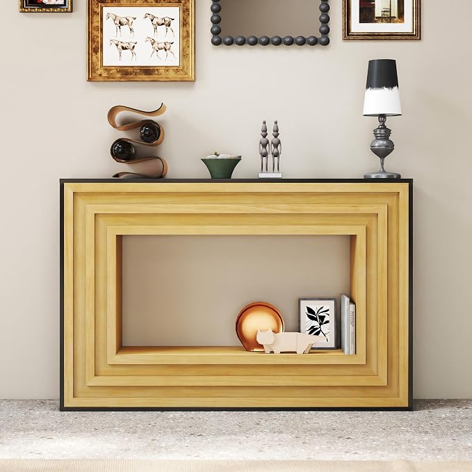 Wood Console Table, 47.24" Retro Long Boho Sofa Table Behind Couch with Layered Wood Frame and Black Top, Wooden Narrow Sofa Table Hall Table for Living Room Foyer Entrance Entryway, Natural