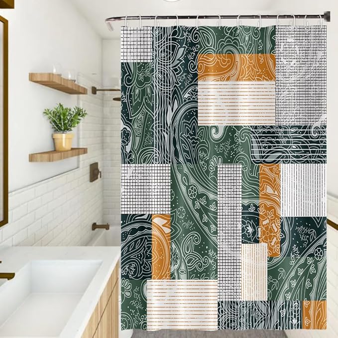 Abstract Boho Shower Curtain Bohemian Paisley Print Modern Geometric Plaid Pattern Shower Curtains for Bathroom Waterproof Fabric Decor Set with Hooks, 48W x 72H Inch