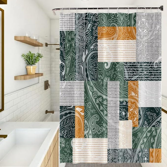 Abstract Boho Shower Curtain Bohemian Paisley Print Modern Geometric Plaid Pattern Shower Curtains for Bathroom Waterproof Fabric Decor Set with Hooks, 65W x 72H Inch