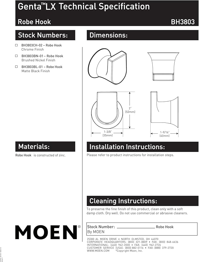 Moen Genta LX Matte Black Modern Single Robe Hook or Towel Hanger for Kitchen or Bathroom, BH3803BL