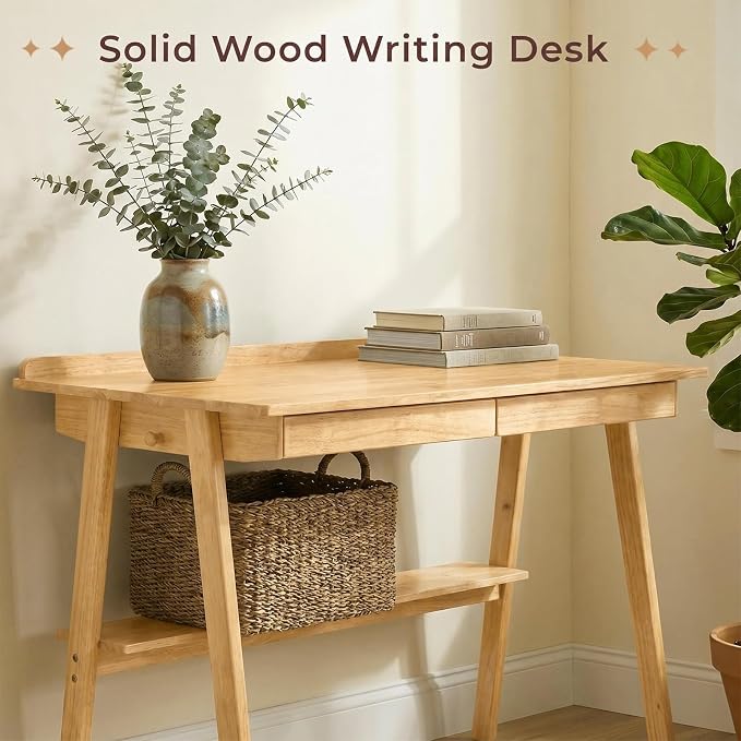 Solid Wood Writing Desk for Small Space, Mid Century Modern Computer Desk with 2 Drawers & Storage Shelf, Side Hooks for Home Office Bedroom, Wood
