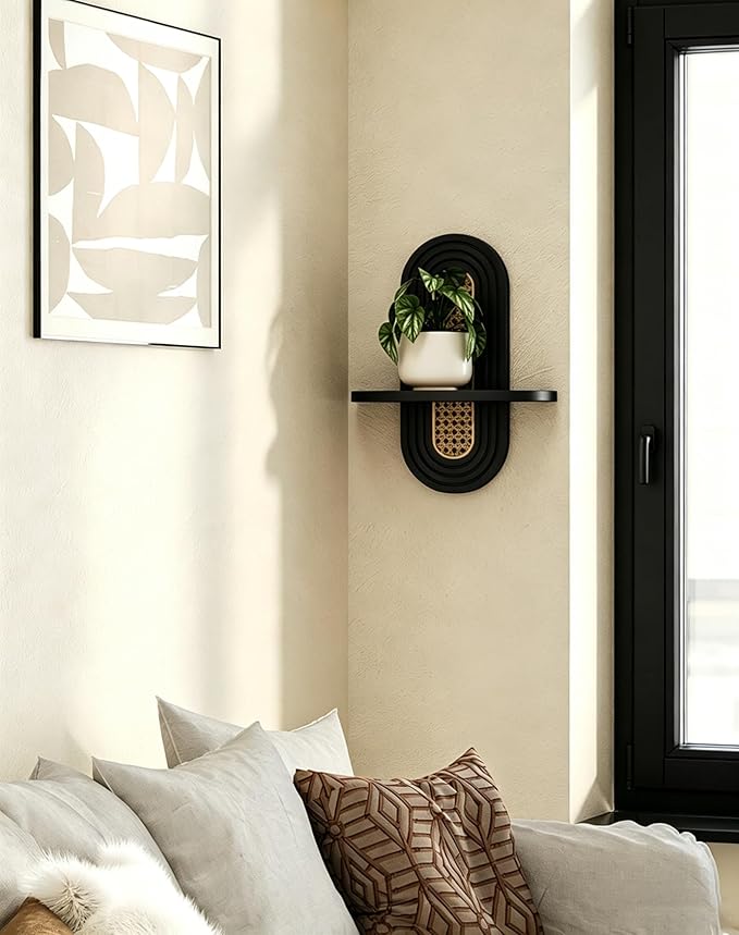 Floating Shelves for Wall, Boho Home Wall Decor,Rattan Plant Shelf Set of 2, Mid Century Small Decorative Shelf, Natural Wood Shelves for Living Room,Bedroom,House,Office (Black)