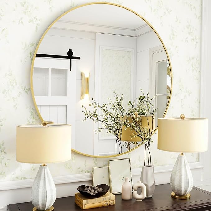VooBang Gold Round Bathroom Mirror, 24 inch Circle Wall Mounted Hanging Mirror with Simple Modern Circular Metal Frame for Hallway, Entryway, Living Room, Gold Frame