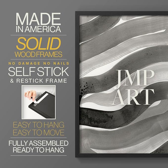Renditions Gallery Set of 2 Peel & Stick Framed Prints, Watercolor Abstract Wall Art, Black and White Bold Brushstrokes Wall Decor, Re-Stickable - Ready to Hang - 16"x20" - Black Frame LT588
