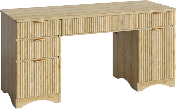 Bestier 63 Inch Home Office Desk with Drawers, Fluted Executive Desk with Ample File Drawer, Keyboard Tray & Storage Cabinet for Study, Living Room, Bedroom, Natural Oak