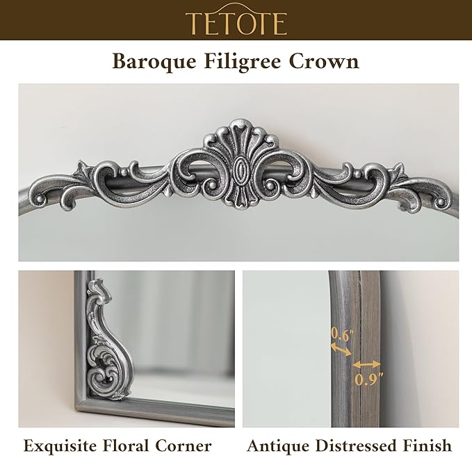 TETOTE Silver Arched Mirror for Mantle Fireplace 24 x 36 Baroque Antique Silver Vintage Arch Ornate Mirror for Traditional Victorian French Decor, French Cleat Mount