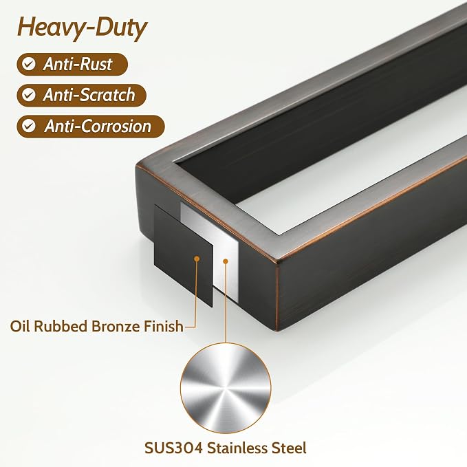 Sayayo Oil Rubbed Bronze Towel Bar for Bathroom, 8 Inch Hand Towel Holder Wall Mount Square Towel Ring SUS304 Stainless Steel Towel Rack