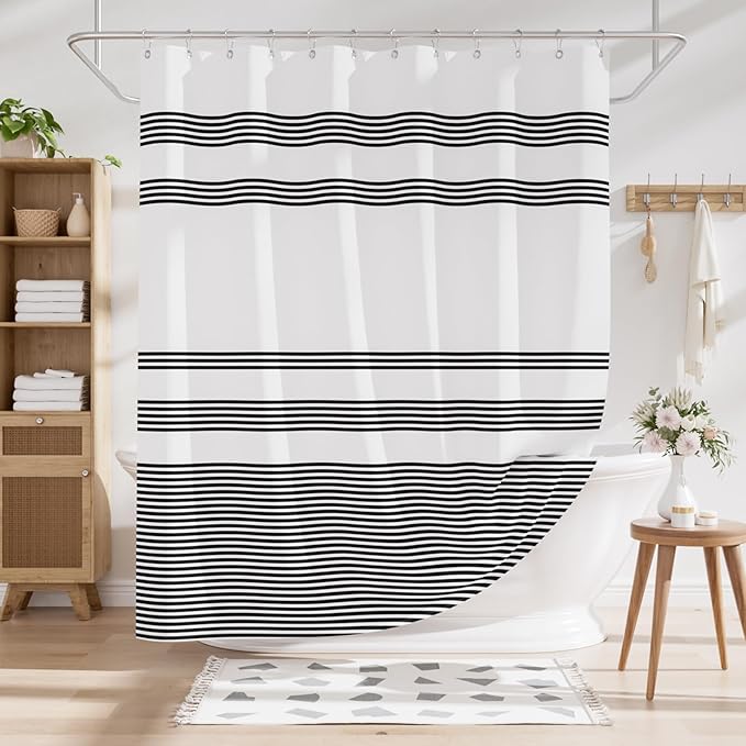AmazerBath Shower Curtain, Striped Black Fabric Shower Curtain Set with 12 Shower Curtain Hooks, Rustic Cloth Black and White Curtain, Farmhouse Bathroom Shower Curtain Sets, 72x84 Inches