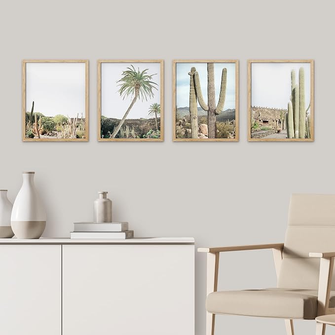 SIGNWIN Framed Tropical Palm Tree Saguaro Cactus Wall Art, Set of 4 Desert Landscape Wall Decor Prints, Nature Wilderness Wall Décor for Living Room, Bedroom - 11"x14"x 4 Natural