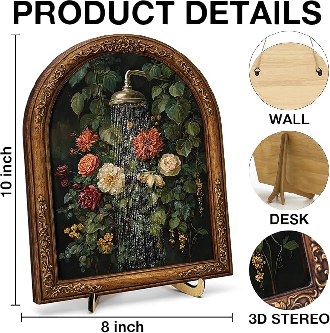 Vintage Floral Shower Table Decor Sign Framed, Vintage Botanical Flower Wall Art Sign, Nature Inspired Bathroom Wall Decor for Wall Home Living Room 8x10 Inch