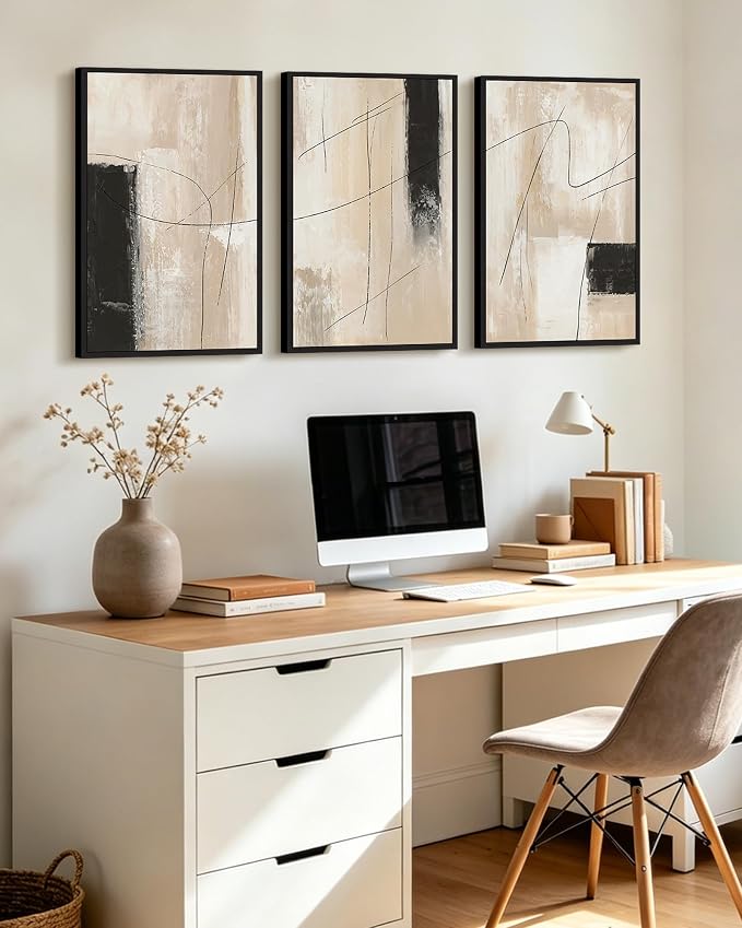 KUVIOKE Abstract Framed Wall Art Minimalist Beige Pastel Watercolor Neutral Wall Decor Modern Black Line Art Painting Home Decor 16x24in (Black Framed)