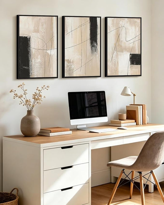 KUVIOKE Abstract Framed Wall Art Minimalist Beige Pastel Watercolor Neutral Wall Decor Modern Black Line Art Painting Home Decor 16x24in (Black Framed)
