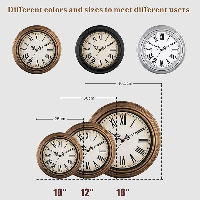 Plumeet Extra Large Retro Wall Clock, 16'' Non Ticking Classic Silent Vintage Wall Clocks Decorative Kitchen Living Room Bedroom, Roman Numerals, Battery Operated