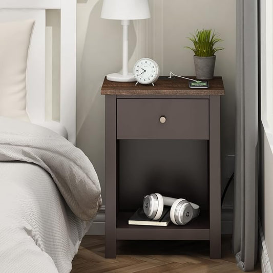ChooChoo Nightstand with Charging Station, Wooden Top Bedside Table with Drawer and Storage Space for Bedroom, Espresso