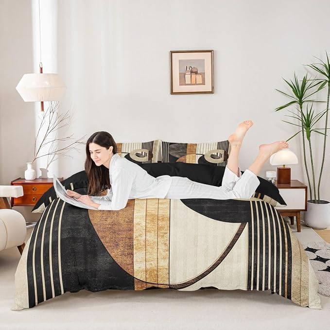 Modern Geometric Duvet Cover Set King Size,Retro Striped Circle Bedding Set,Boys Girls Room Decor,Abstract Aesthetic Stripes Lines Comforter Cover,Brown Black Quilt Cover,2 Pillowcases(No Filler)