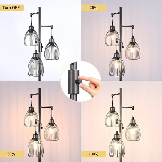 Torondo Dimmable Industrial Floor Lamps for Living Room, Gray Tree Standing Tall Lamps with 3 Elegant Teardrop Cage Head & 800 Lumens LED Bulbs for Bedroom Office