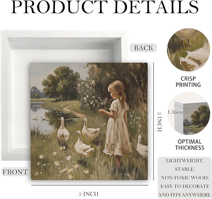 Vintage Rustic Girl and Goose Wooden Box Sign Desk Decor, Moody Countryside Cottagecore Wildflower Goose Wood Signs for Home Office Desk Table Shelf Decorations, 5x5 Inch