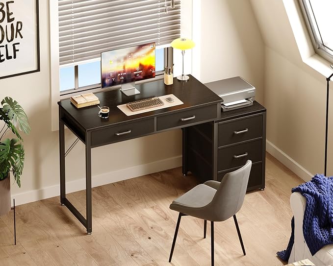 ODK Computer Desk with 5 Drawers, 53 Inch Office Desk with Printer Shelf, Reversible Gaming Desk for Home Bedroom, Writing Table Desk with for Storage, Black