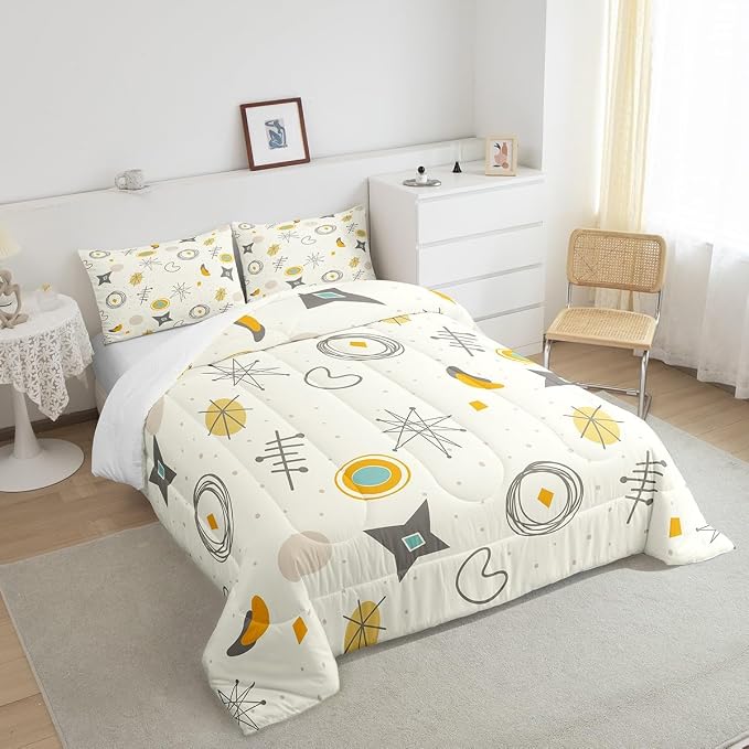 Kids Cartoon Atomic Bedding Twin Modern Mid Century Comforter Set, Retro Fifties Bedding Comforter Sets Hippie Abstract Duvet Insert, Geometric Polka Dots Down Comforter Teal Orange Room Decorative
