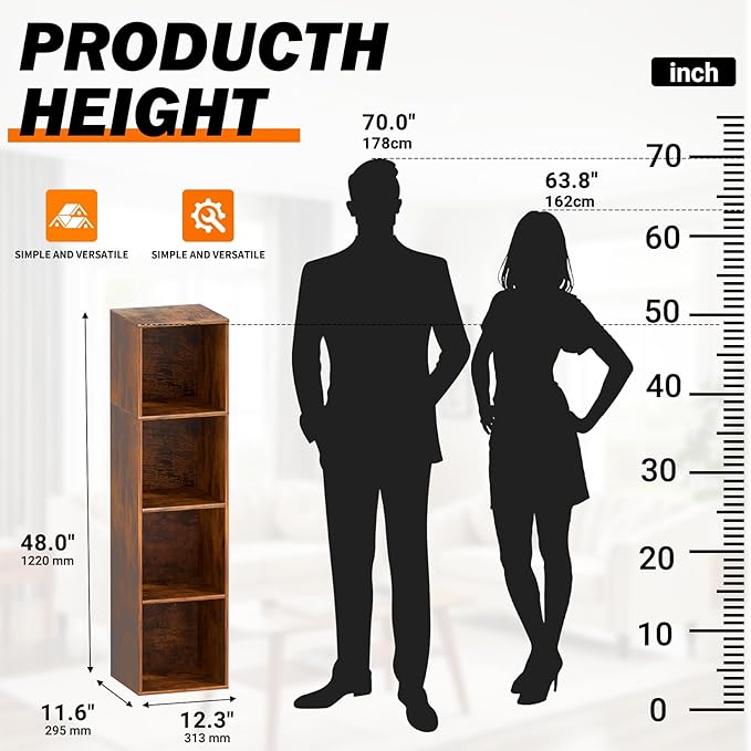 4 Cube Storage Organizer, 4 Tier Cube Low Bookcase Freestanding Storage Display Organizer, Four-Cubes Open Shelf Bookshelf for Home Office (Retro Brown, 4-Cube)