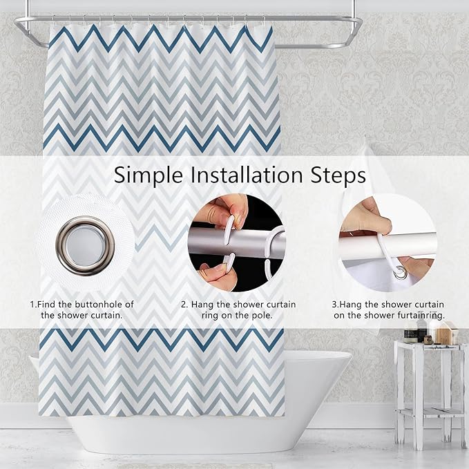Grey and Blue Pattern Bathroom Shower Curtain Abstract Wave Geometry Line Bath Curtain with Hooks Waterproof Polyester Fabric Shower Curtains for Modern Artistic Bath Decorative, 72x78 Inch