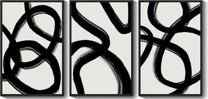 KUVIOKE Black and Gray Abstract Framed Wall Art Ink Wash Minimalist Lines Painting Artwork for Bedroom Hallway 24x36in (Black Framed)