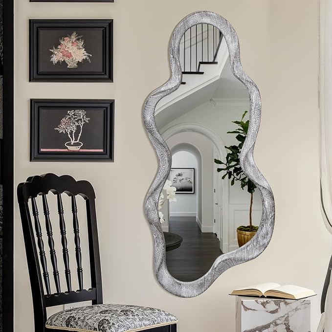Irregular Wooden Framed Wall Mirror Modern Asymmetrical Unique Hanging Mirror Artistic Unique Cloud Shape Wall Decor Bathroom Vanity Bedroom Living Room Entryway Hallway Large 47" x 22"