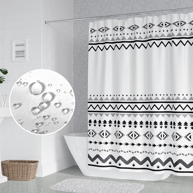 Abstract Pattern Bathroom Shower Curtain White Black Stripes Wave Waterproof Polyester Shower Curtains with Hooks Geometric Shower Curtain for Modern Home Decorative, 72x84 Inch