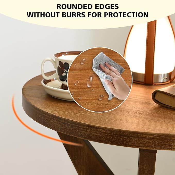 Farmhouse Round End Table with MDF Top and Crossed Legs, Boho Side Table Mid Century Modern Small Accent Table for Small Space Stable Nightstand for Living Room, Natural Wood