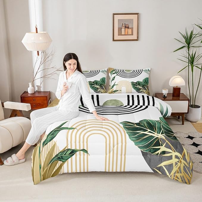 Erosebridal Boho Mid Century Bedding Set King Vintage Minimalist Art Comforter Set for Women Men Adults Abstract Tropical Aesthetic Down Comforter Retro Botanical Leaves Sun Bed Set Bedroom Decor
