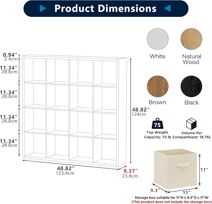 16-Cube Storage Organizer Bookcase, Thick Frame Wood Grain Storage Shelf, Rectangular Cube Open Back Display Unit, 48.8x9.4x48.8 Inches for Living Room, Bedroom, Home Office, White