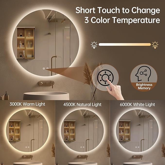 LOVESPEJO 24 Inch Round Backlit Bathroom Mirror with Lights, Circle LED Mirror for Bathroom, Fogless, Stepless Dimmable, 3 Color Changing, Memory, IP54, Shatterproof
