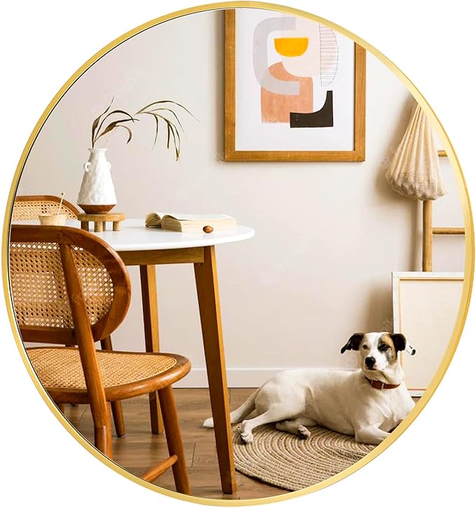 VooBang Gold Round Bathroom Mirror, 28 inch Circle Wall Mounted Hanging Mirror with Simple Modern Circular Metal Frame for Hallway, Entryway, Living Room, Gold Frame