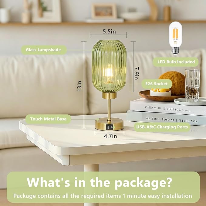 Vintage Table Lamp for Bedroom with Bulb, Small Green Glass Beside Lamp with USB Ports, 3 Way Dimmable Gold Desk Lamp, Mid Century Modern Nightstand Lamp for Living Room, Office, Home Decor