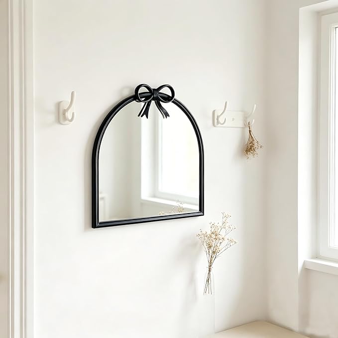 9.8-inch x 9.8-inch Arched Plastic wall Mirror with Bow at top, Modern Decorative Mirror, Small Arched wall Mirror Suitable for entryways and hallways (Black, 9.8x9.8 inch)