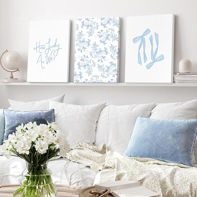 Blue Bow Wall Art Floral Canvas Wall Decor Coquette Flower Wall Art Trendy Aesthetic Poster Girly Preppy Pictures Blue Floral Prints for Living Room Bathroom 12x16 Inch Framed Set of 3