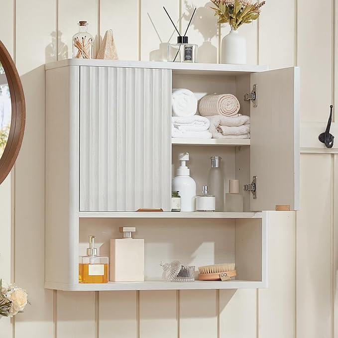 LEYAOYAO Fluted Bathroom Wall Cabinet, Wall-Mounted Medicine Cabinet with Adjustable Shelf & Doors, Farmhouse Floating Over The Toilet Storage Cabinets for Laundry Room, Kitchen, Living Room (White)