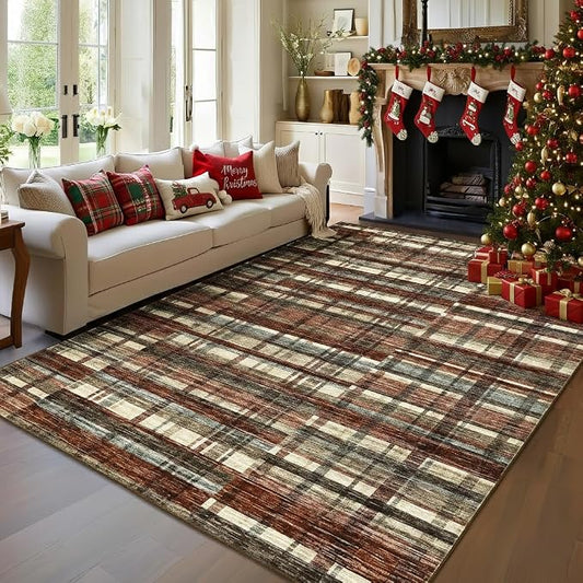 Modern Christmas Rug 9x12 Area Rug for Living Room Washable Rugs Plaid Rug for Bedroom Large Area Rug Non Slip Carpet Stain Resistant Throw Rugs for Dining Room Office Classroom, Red