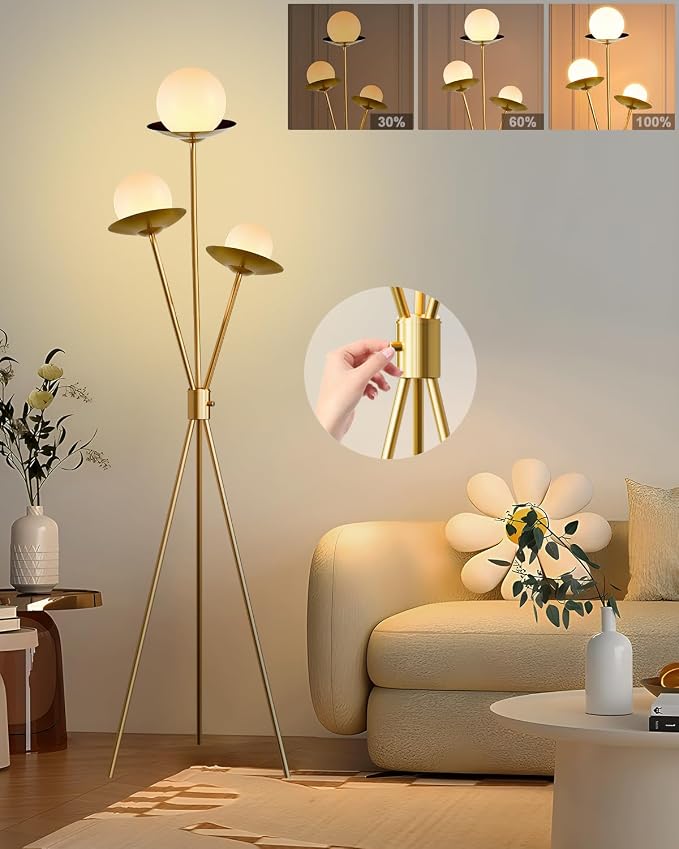3 Globe Dimmable Tripod Floor Lamp, Mid Century Floor Lamps with 3Pcs 3000K Bulbs Included, Modern Gold Tall Lamp for Living Room Bedroom Home Office Sofa Beside Corner Decor