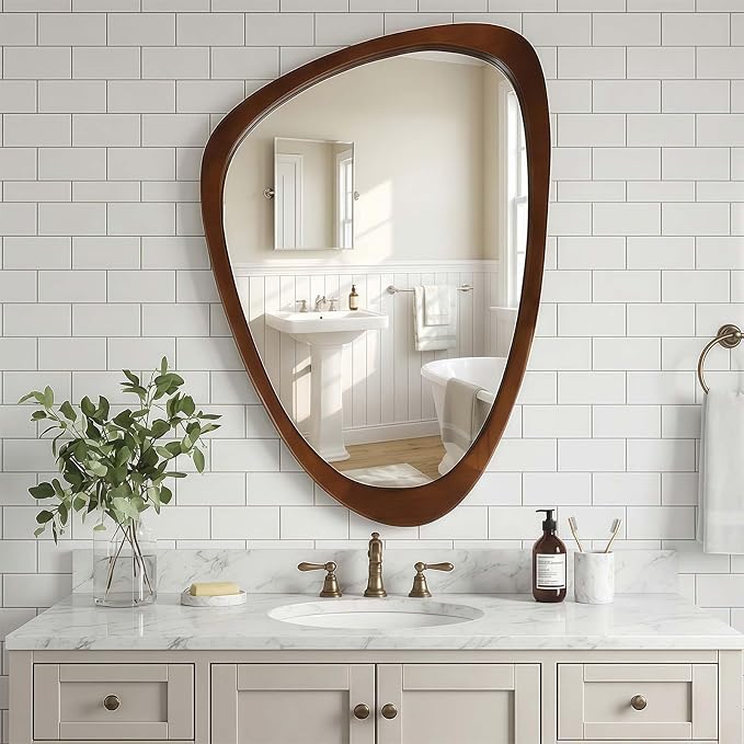 24x36 Inch Asymmetrical Wall Mirror Wood,Rustic Irregular Shaped Vanity Mirror for Bathroom,Bedroom, Living Room, Entryway, Fireplace,Wall Decor,Solid Wooden Frame (Dark Walnut, 24"x36" Inch)
