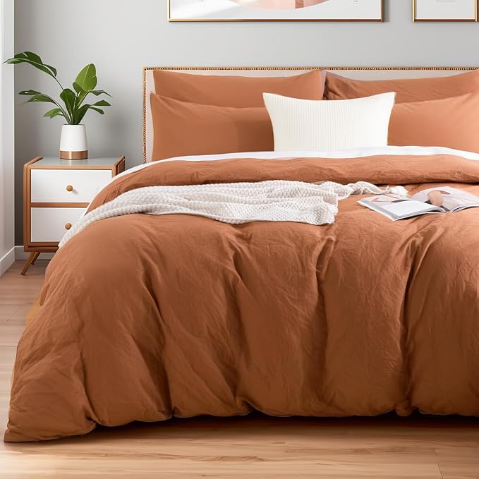 NEXHOME PRO Terracotta Burnt Orange Duvet Cover Set King Size Linen Textured Organic Natural 100% Washed Cotton Duvet Cover Fall Caramel 3 Pieces Bedding Set with Zipper Closure, Soft(No Comforter)