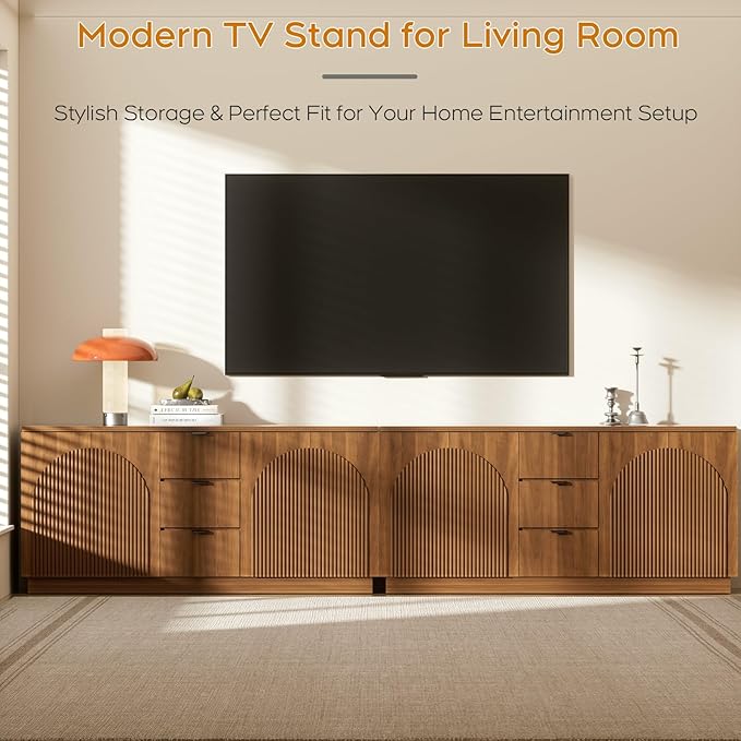 Yechen 67" Walnut Fluted Sideboard Buffet Cabinet with 4 Arched Reeded Design Doors &3 Drawers, Mid Century Modern Credenza Storage Cabinet with Adjustable Shelves, for Living Room Dinning Hallway