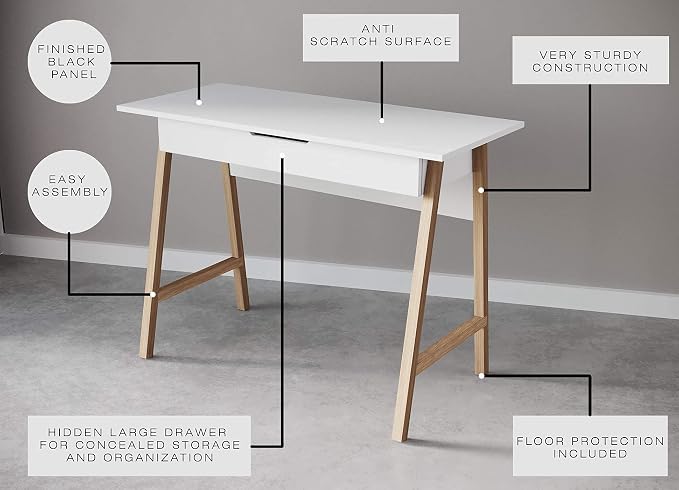 Modern Design Parma Small Desk for Bedroom, White Writing Desk 42 Inch with Drawer, by Crafts and Comfort