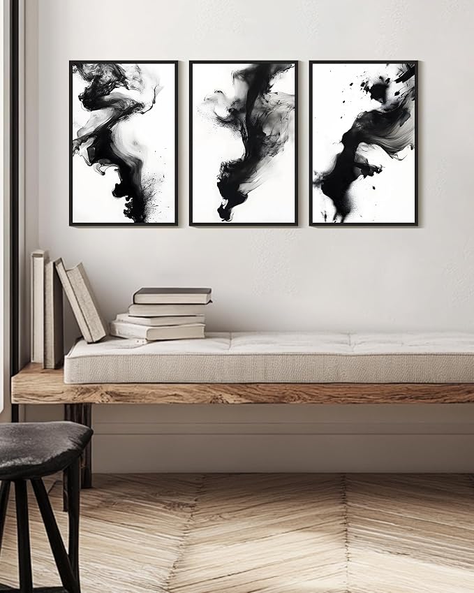 KUVIOKE Black White Abstract Framed Canvas Wall Art Ink Wash Pastel Wall Decor Modern Rendering Illustration Art Painting for Bedroom Dining Room 16x24in (Black Framed)