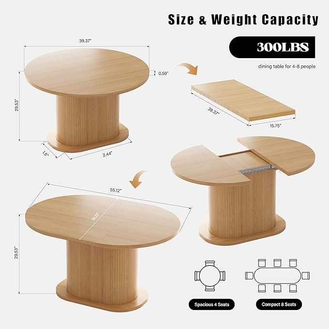 39.37"-55.12" Round Extendable Dining Table, Oval Kitchen Table with Fluted Metal Slide Door, Space-Saving Expandable Dining Table for Small Apartment & Family Use, Natural