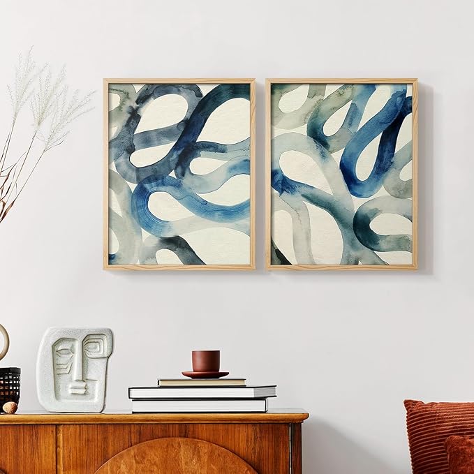 Renditions Gallery Set of 2 Peel & Stick Framed Prints, Watercolor Abstract Wall Art, Aquatic Water and Sand Strokes Wall Decor, Re-Stickable - Ready to Hang - 22"x28" - NATURAL WOOD Frame LT588